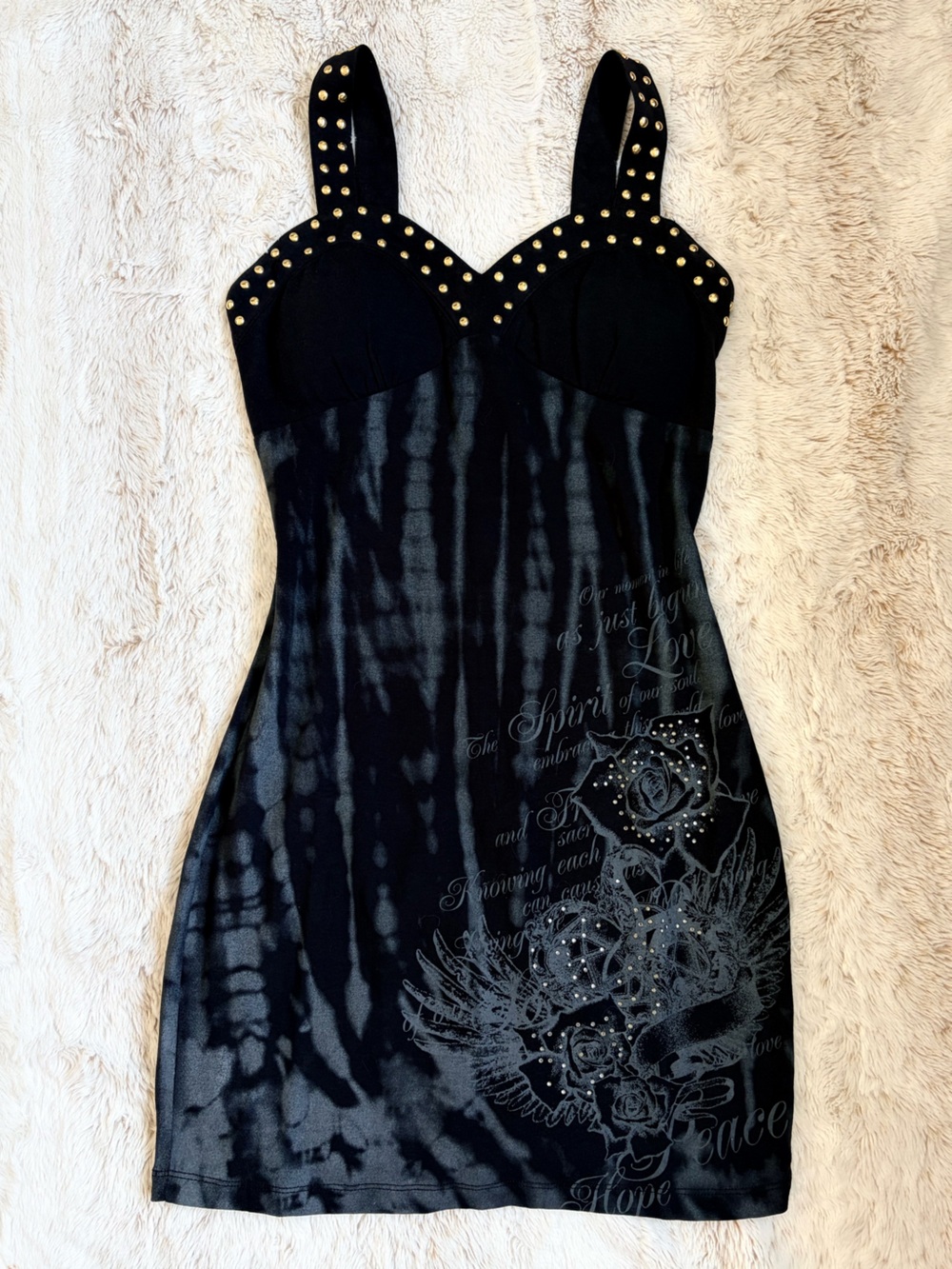 🖤 Vintage Y2K South Pole Mini Dress Studded Rhinestone Tattoo McBling Goth Glam - Picture 2 of 11